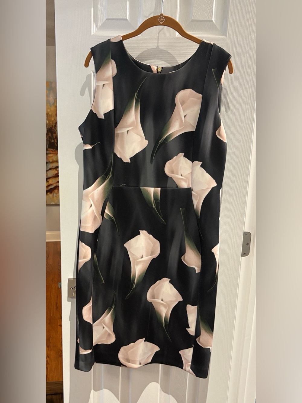 Calvin Klein Black Sheath Dress with Pale Pink Calla Print